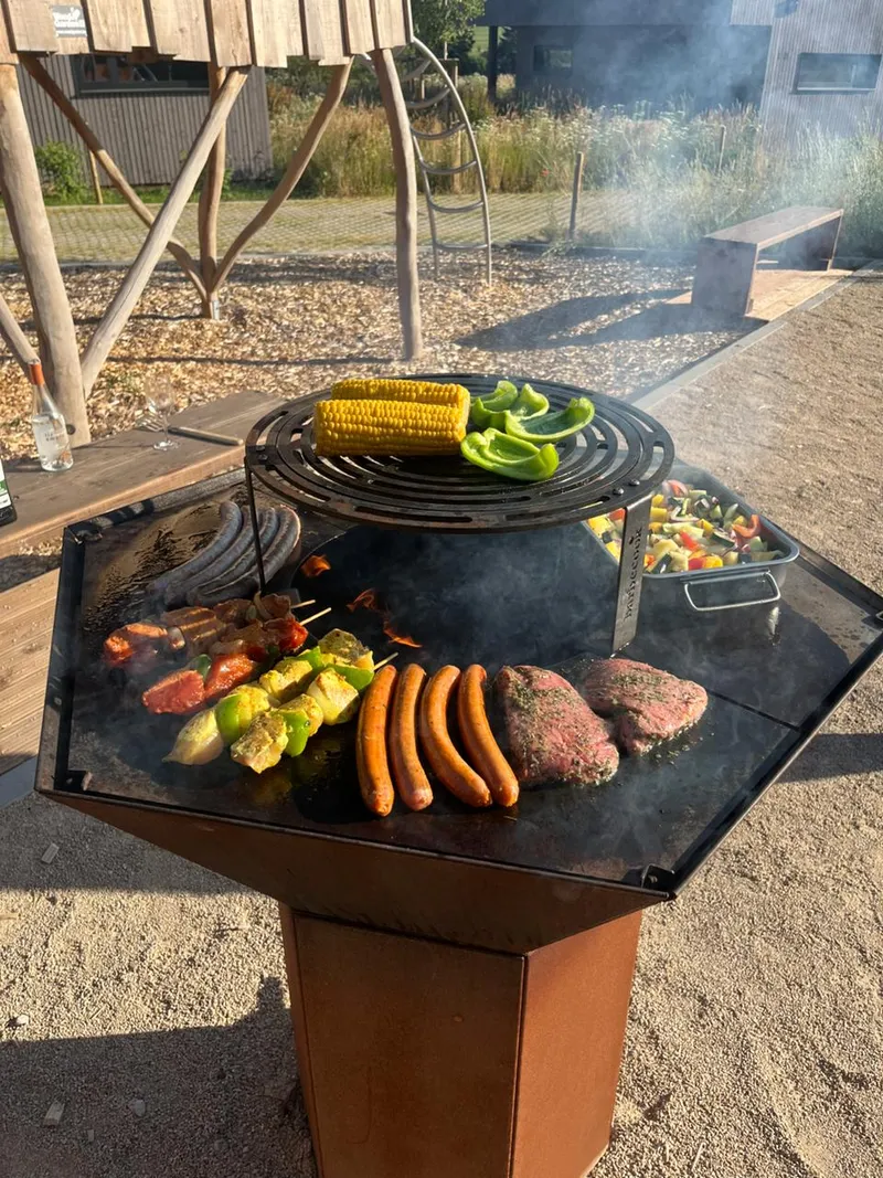 L'un des barbecues partagés de Nature Lake Village, plancha garnie de grillades, l'aire de jeux en arrière-plan