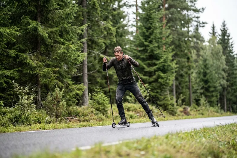 Skiroller-Läufer auf einer Asphaltstrecke zwischen Fichten im Sommer