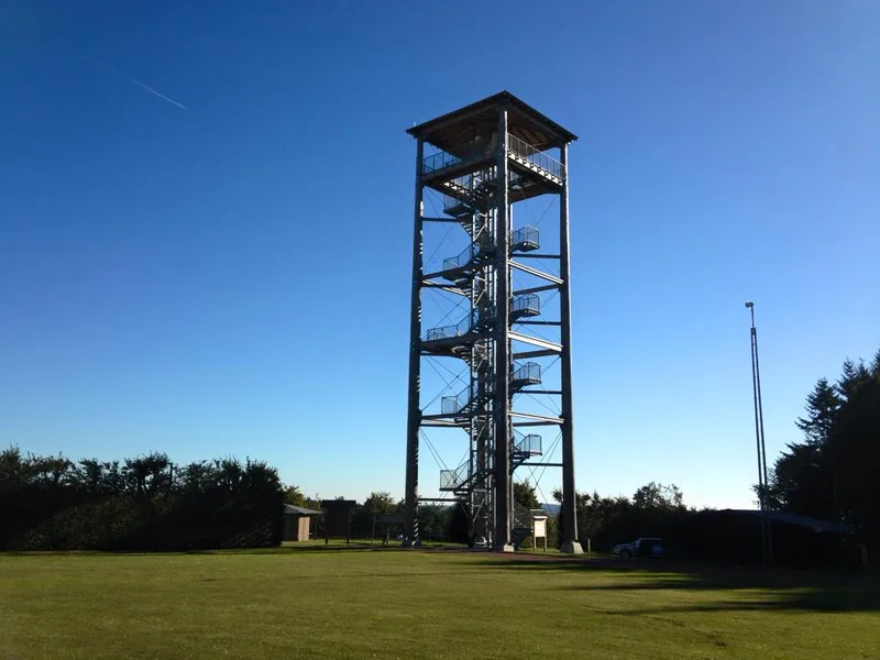 Der Aussichtsturm auf dem Weißen Stein über einer weiten Wiesenfläche