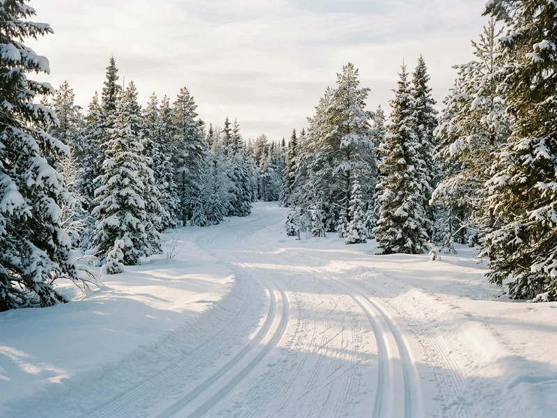 Frisch gespurte Langlaufloipe in einem verschneiten Wald