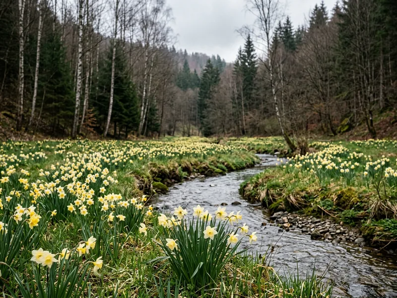 Wiese voller gelber wilder Narzissen an einem Bachlauf