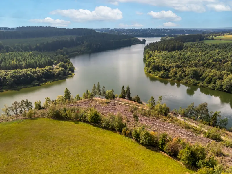 Zomers uitzicht over het meer van Bütgenbach, het water schittert in de zon