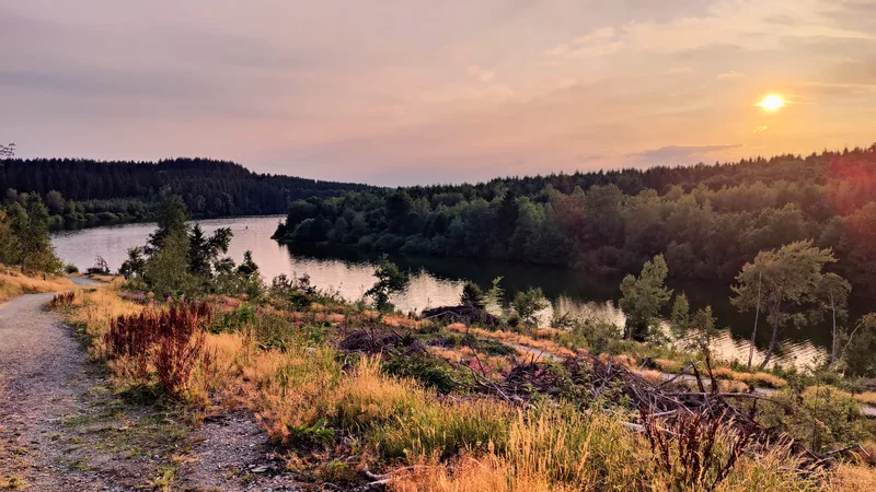 Zonsondergang in warme roze tinten boven het oeverpad aan het meer van Bütgenbach