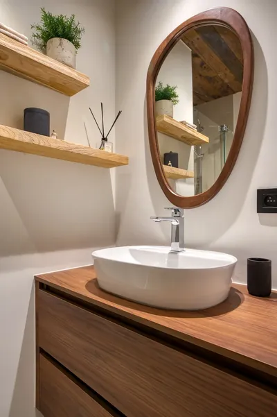 Salle de bains : vasque ovale, miroir arrondi en bois et douche à l'italienne